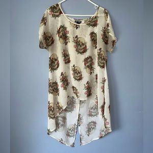Hot Topic Skulls Roses Split Back Sheer Top XL